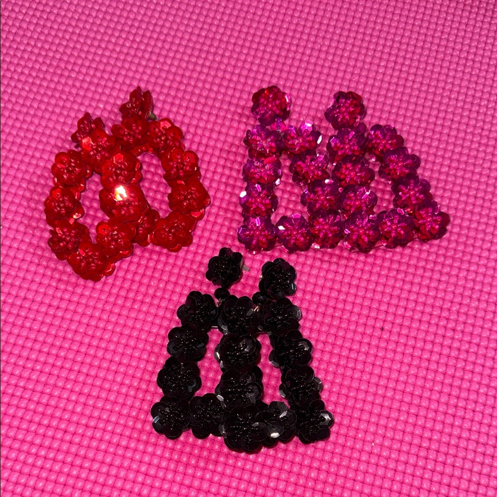 Sparkly Floral Cluster Earrings - Red, Pink & Black